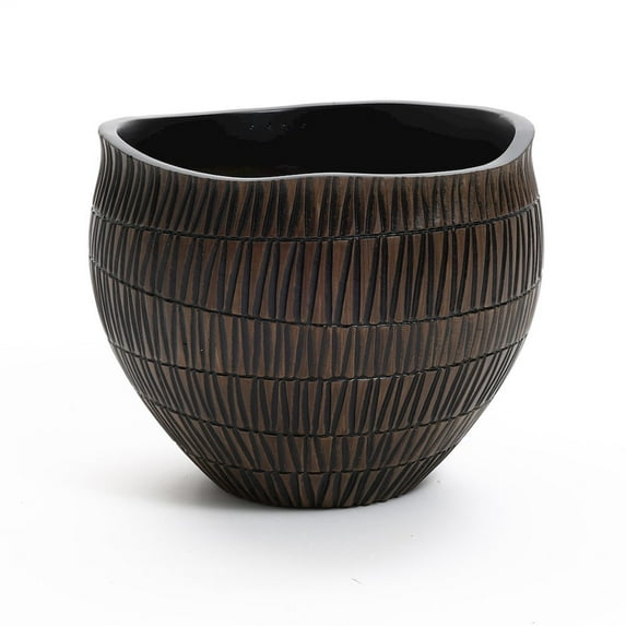 LuxenHome Brown with Black V-Pattern Polyresin 10-Inch Round Planter
