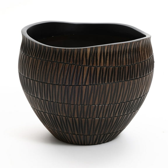 LuxenHome Brown with Black V-Pattern Polyresin 12-Inch Round Planter