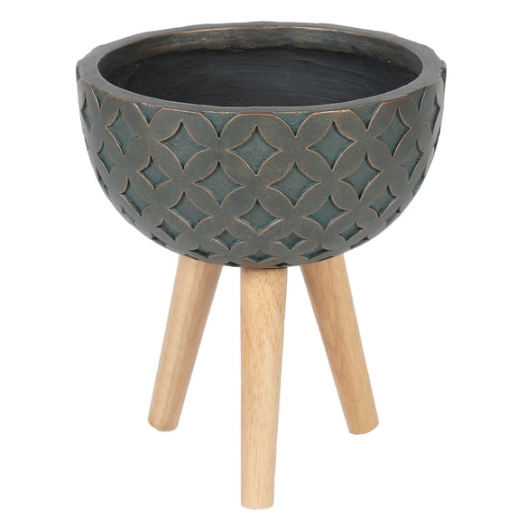 LuxenHome Butterfly Embossed Brown 12.25" Round MgO Planter with Wood Legs