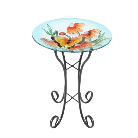 LuxenHome Butterfly and Flowers Glass Birdbath with Metal Stand