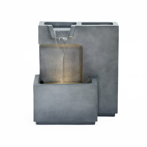 LuxenHome Cascading Gray with Speckled Black Rectangle 20-Inch Tall Resin Garden Fountain with Lights and Planter