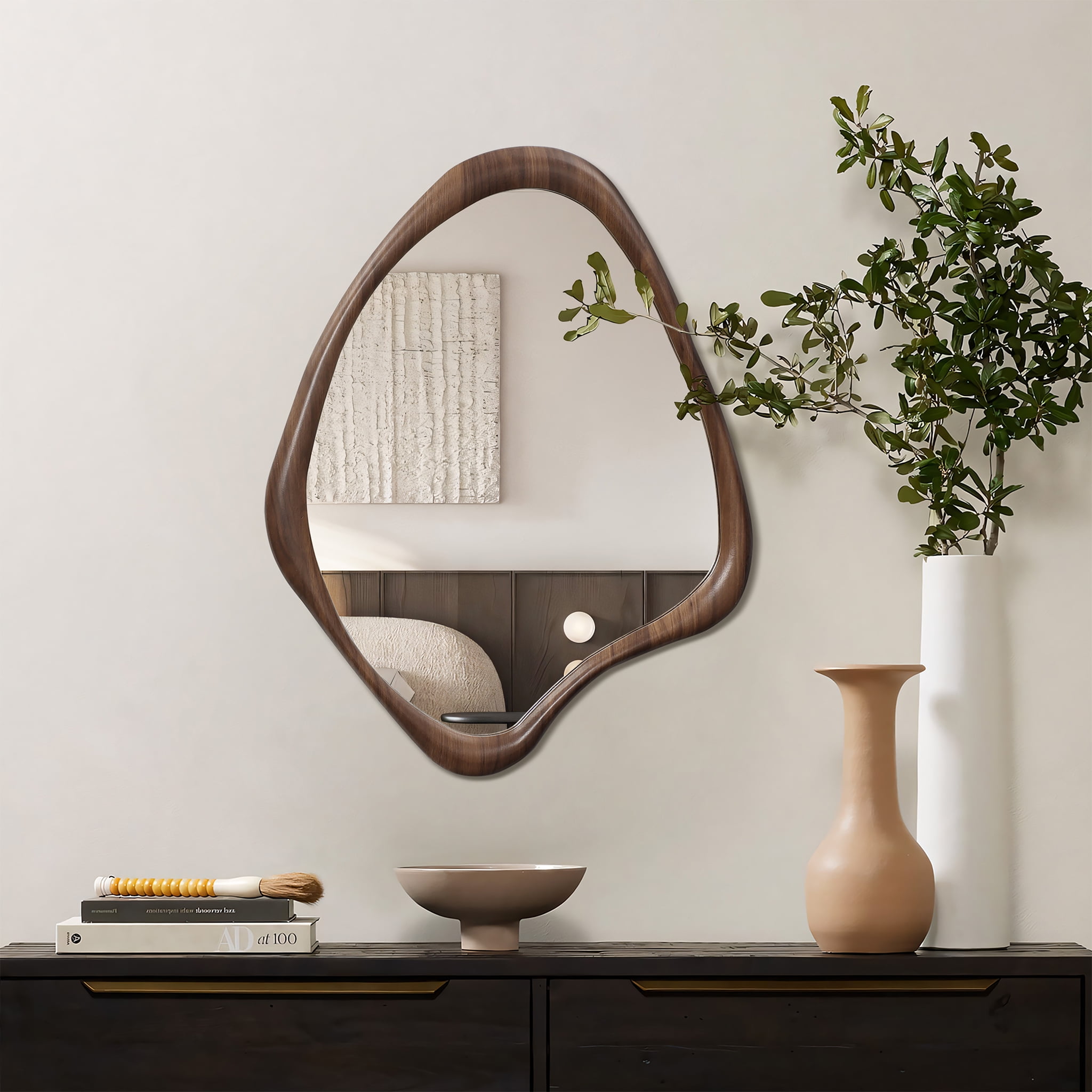Classic Brown Wood Frame Irregular Wall Mirror