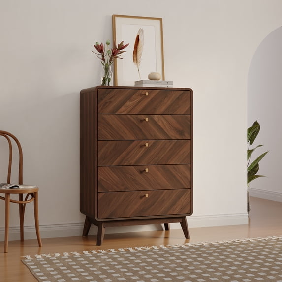 LuxenHome 5 Drawer Dresser for Bedroom, Mid Century Modern 48" Tall Wooden Bedroom Dressers, Walnut Brown MDF Wood Bedroom Dressers with Drawers, Chest of Drawers for Clothes Organizer Furniture