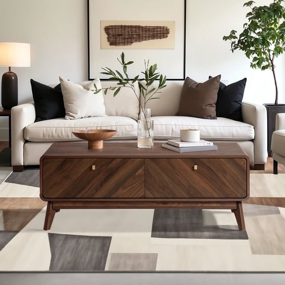LuxenHome Modern Mid-Century Coffee Table with Concealed Storage and Open Shelf