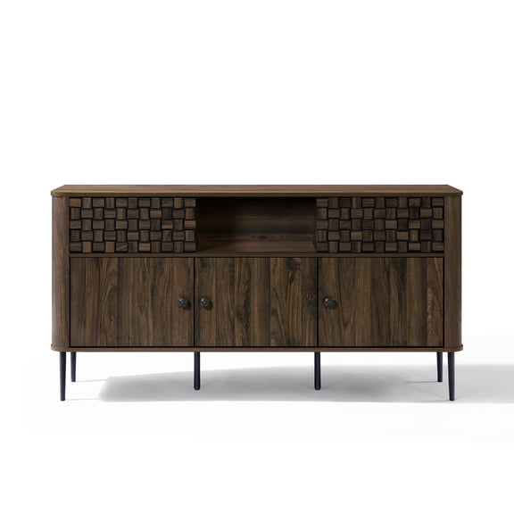 LuxenHome Dark Oak Manufactured Wood with Basket Weave 3-Door and 2-Sliding Door Sideboard Cabinet