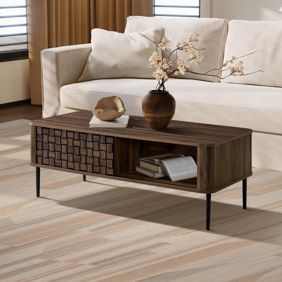 LuxenHome 47" Walnut Coffee Table with Storage Basket Weave Design