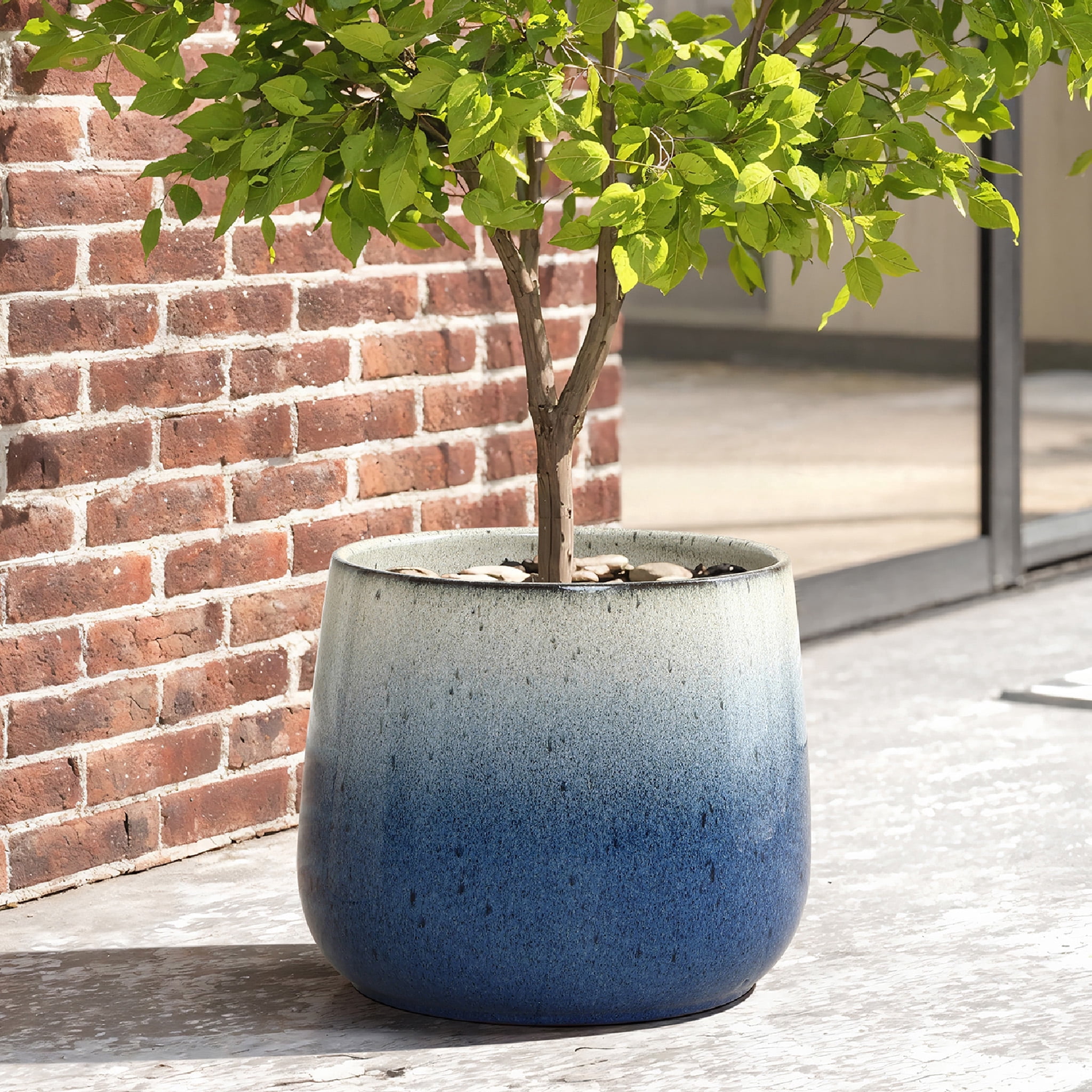 LuxenHome 11.6" Dia Glazed Blue Round Ceramic Planter Pot, Modern Indoor Outdoor Flower Pot with Drainage