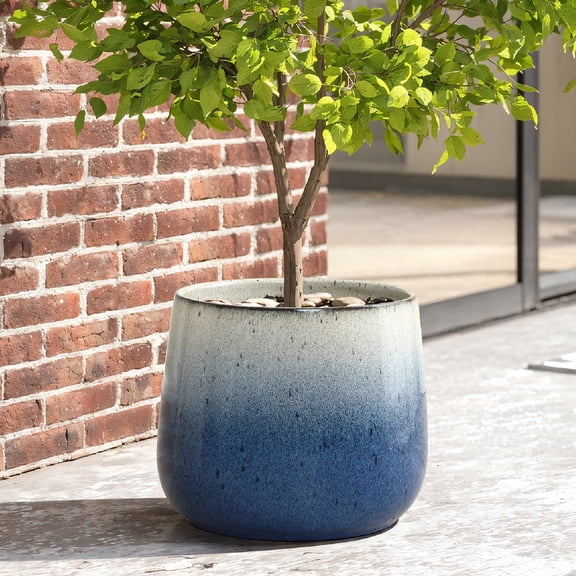 LuxenHome 11.6" Dia Glazed Blue Round Ceramic Planter Pot, Modern Indoor Outdoor Flower Pot with Drainage