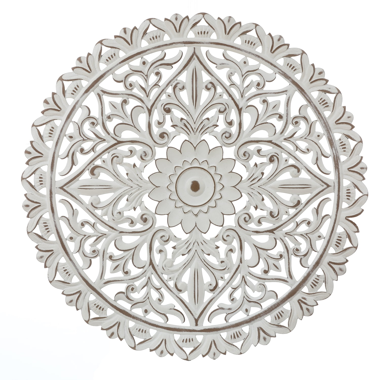 Distressed White and Brown Wood Floral Mandala Wall Art