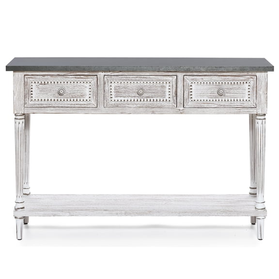 LuxenHome Distressed White Wood and Metal 3-Drawer 1-Shelf Console and Entry Table