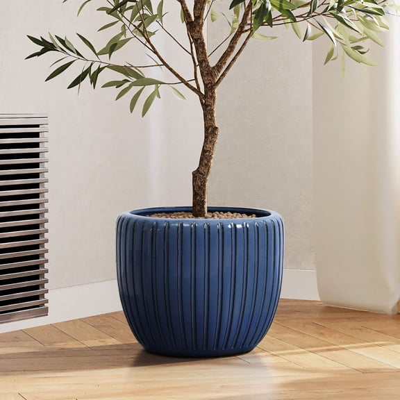 LuxenHome 11" Dia Blue Ribbed Bowl Round Ceramic Decorative Planter Pot