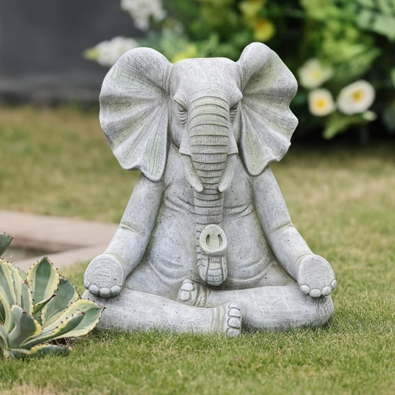 LuxenHome Elephant Garden Statue,16.34'' Gray MgO Meditating Elephant Statue Unique Lucky Elephant Decor Zen Sculptures for Garden Patio Home & Office Decor Housewarming Gift