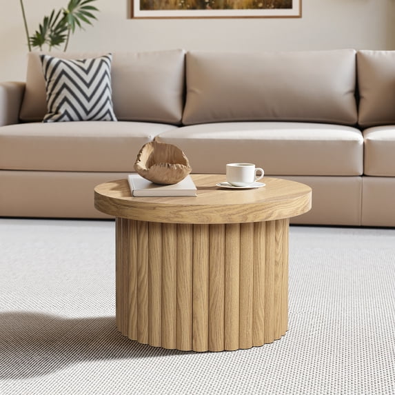 LuxenHome End Table, 23.6" Wide Brown Wood Fluted Round Coffee Table Modern Side Table for Living Room Round Wood Accent Table Bedroom Small Table