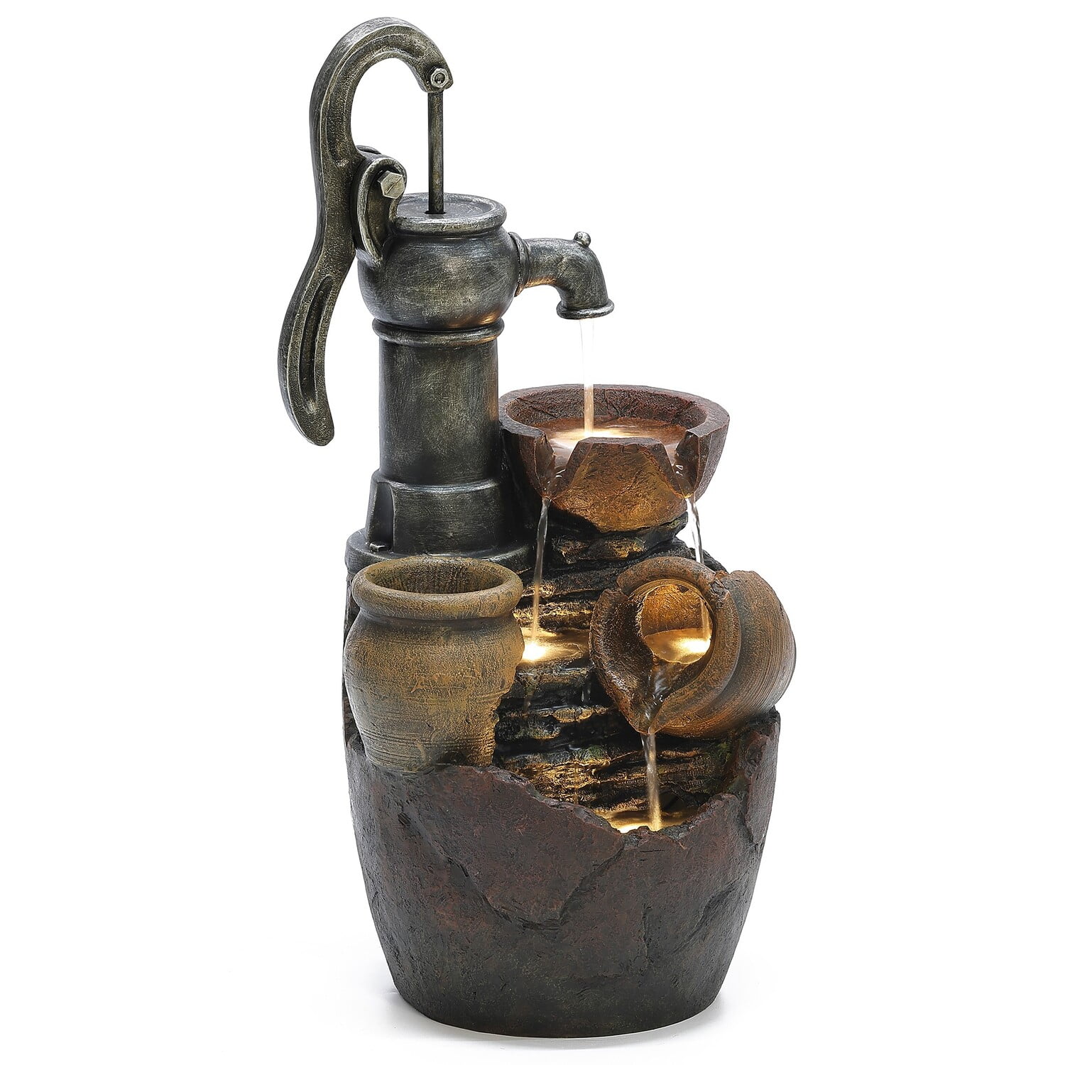 Rustic Brown Poly-Resin Farmhouse Pump and Pots Fountain with LED Lights