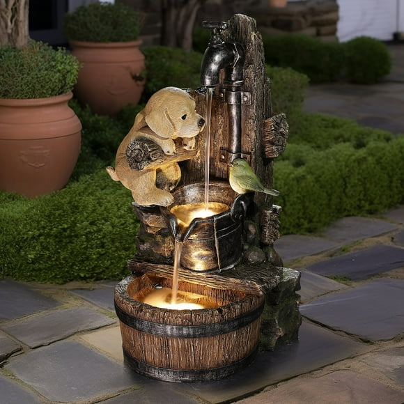 LuxenHome Outdoor Water Fountain, 25 Inch Whimsical Puppy Dog Resin Water Fountains Indoor with LED Lights