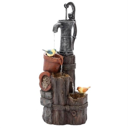 LuxenHome Farmhouse Resin Well and Wood Posts Outdoor Fountain with LED Light