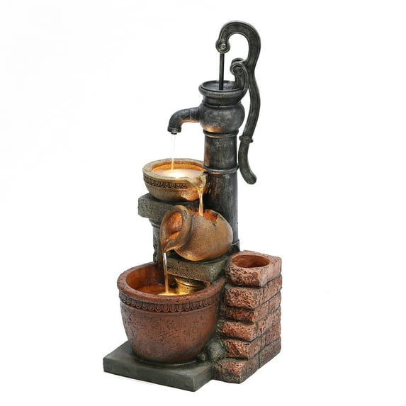 LuxenHome Farmhouse Well Water Pump and Pots Resin Fountain with LED Lights