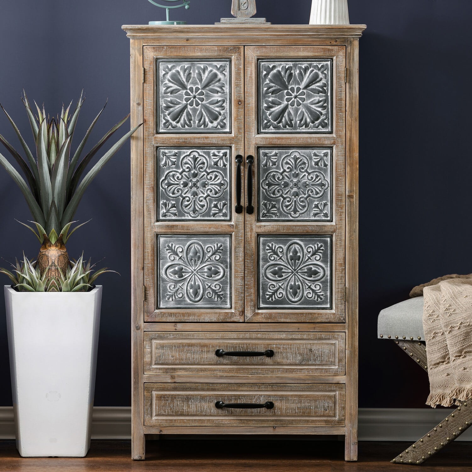 Rustic Farmhouse Wood and Metal 2-Door 2-Drawer Storage Cabinet