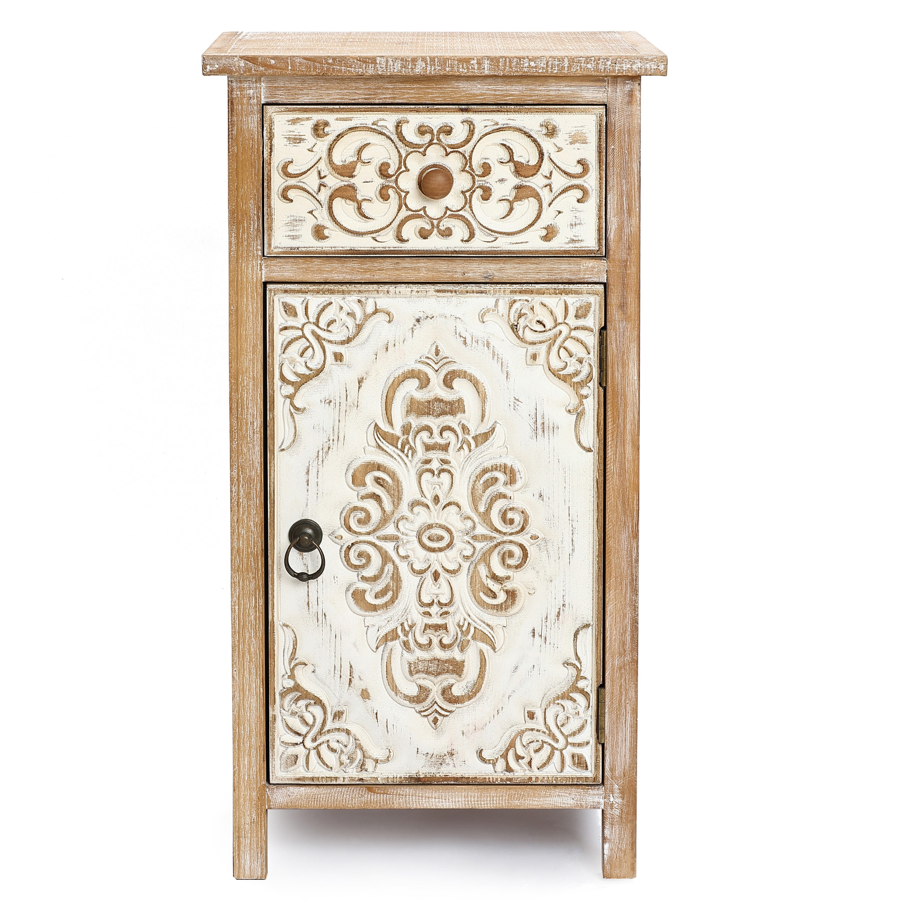 Rustic Floral Carved Wood and Metal End Table with Storage