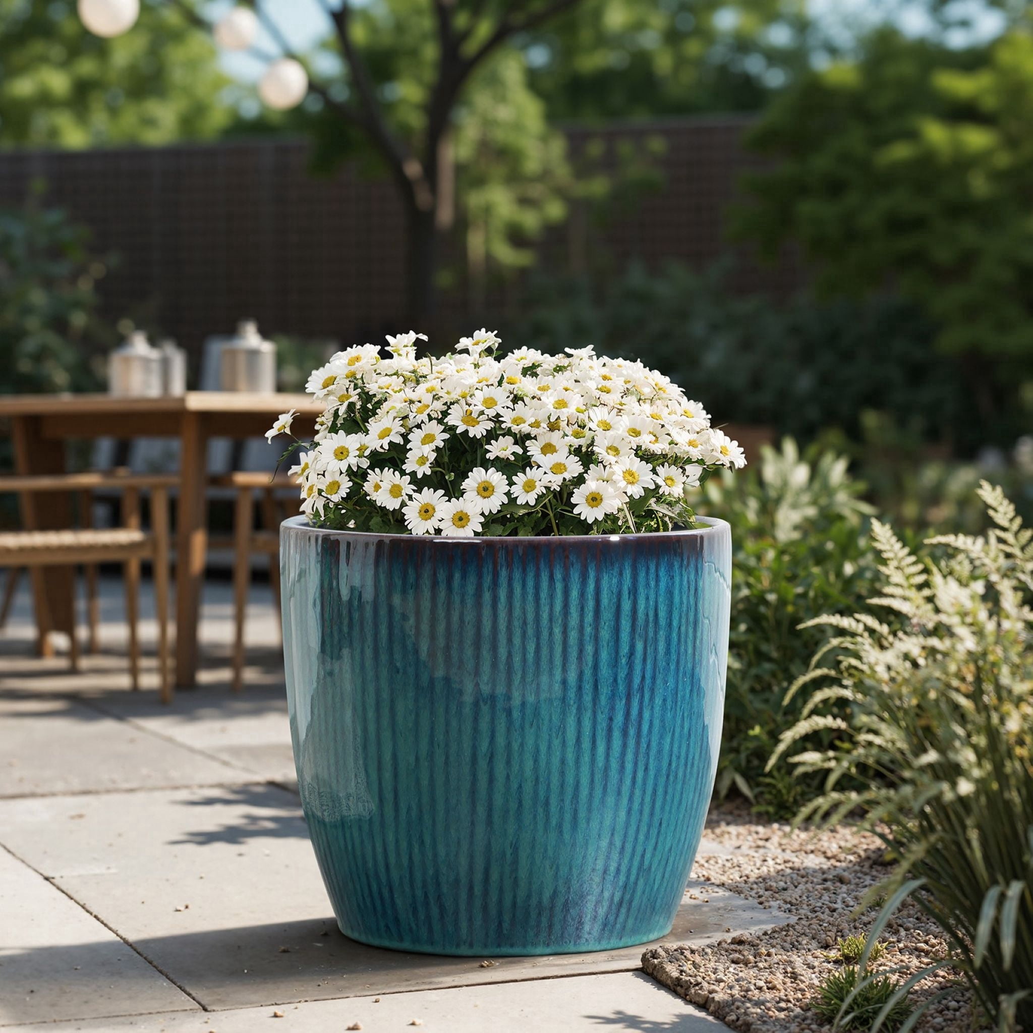LuxenHome 12" Dia Large Round Plant Pots with Vertical Line Texture, Modern Blue Ceramic Planter for Living Room, Patio, Garden