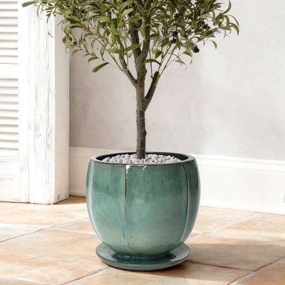 LuxenHome 11.5" Dia Jade Green Large Round Ceramic Planter with Attached Saucer, Glazed Indoor Outdoor Planter Pot for Indoor Outdoor Use