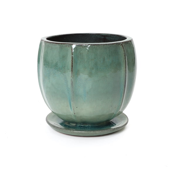 LuxenHome 11.5" Dia Jade Green Large Round Ceramic Planter with Attached Saucer, Glazed Indoor Outdoor Planter Pot for Indoor Outdoor Use