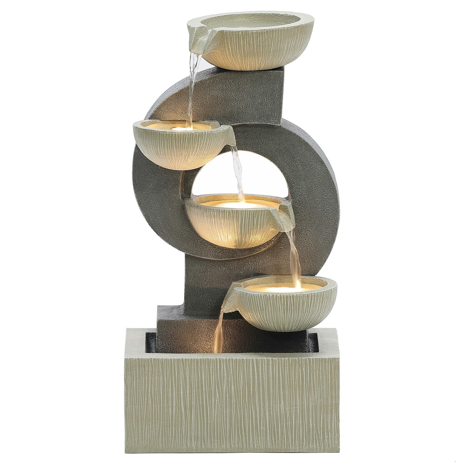Gray and Cream Cascading Bowls Resin Outdoor Fountain with LED Lights