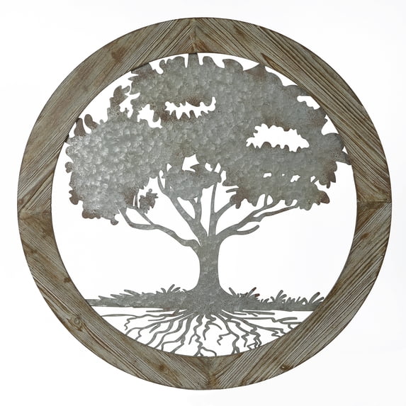 LuxenHome Gray Metal Tree of Life with Roots Wall Decor with Round Wood Frame