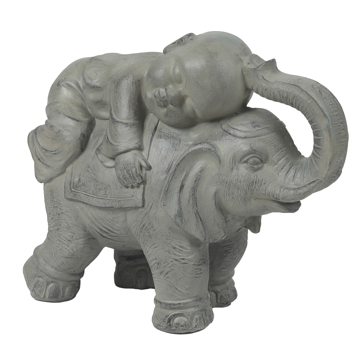 LuxenHome Gray MgO Buddha Monk and Elephant Garden Statue