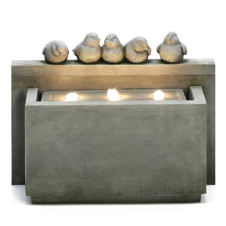 LuxenHome Gray Rectangular and Birds Resin Outdoor Bubbler Fountain with LED Lights