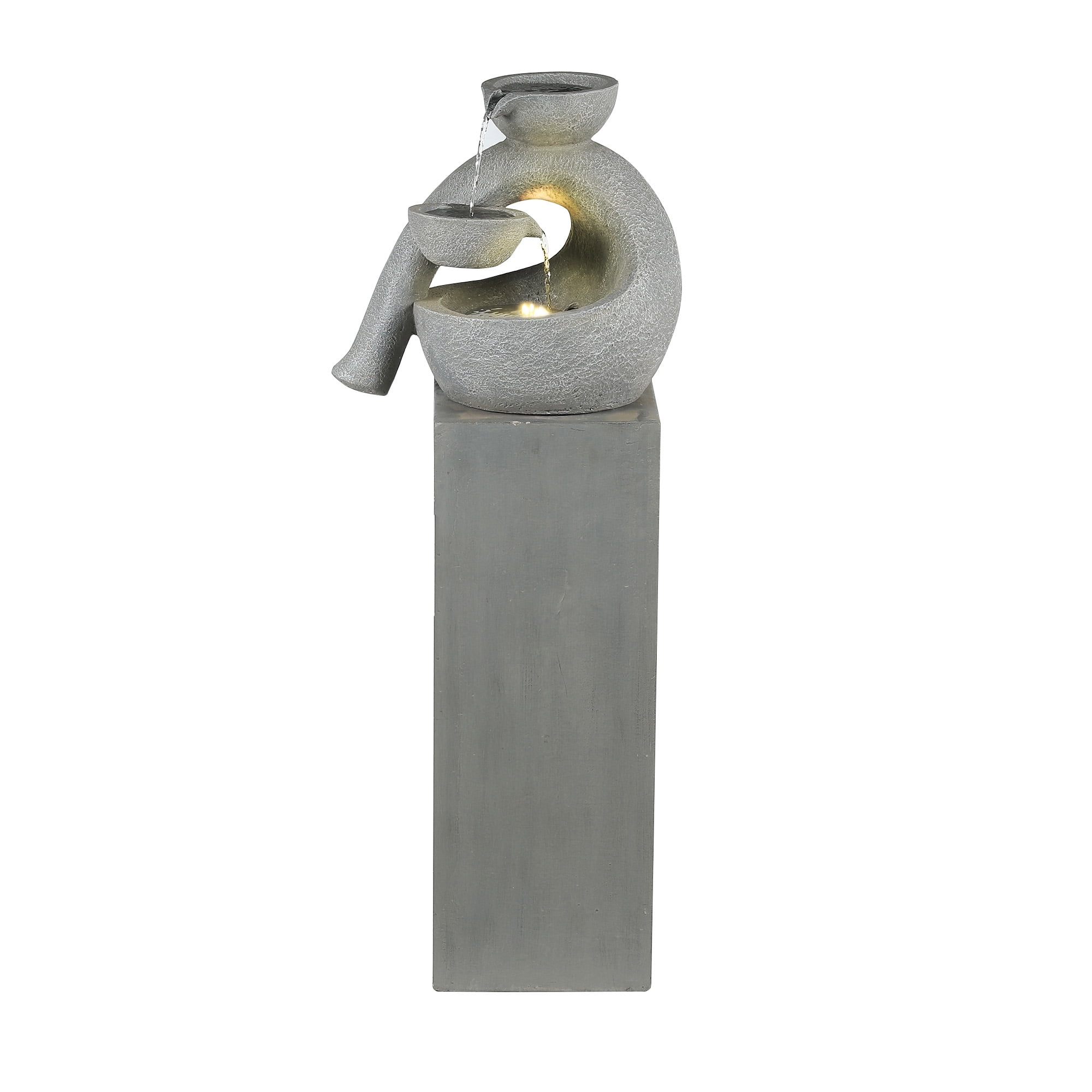 Gray Resin Modern Sculpture Pedestal Fountain with LED Light