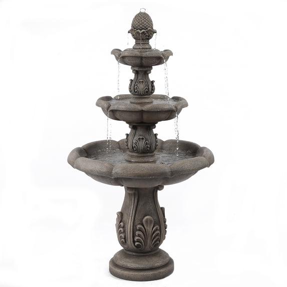 LuxenHome Gray Resin Pineapple 3-Tier Outdoor Garden Fountain