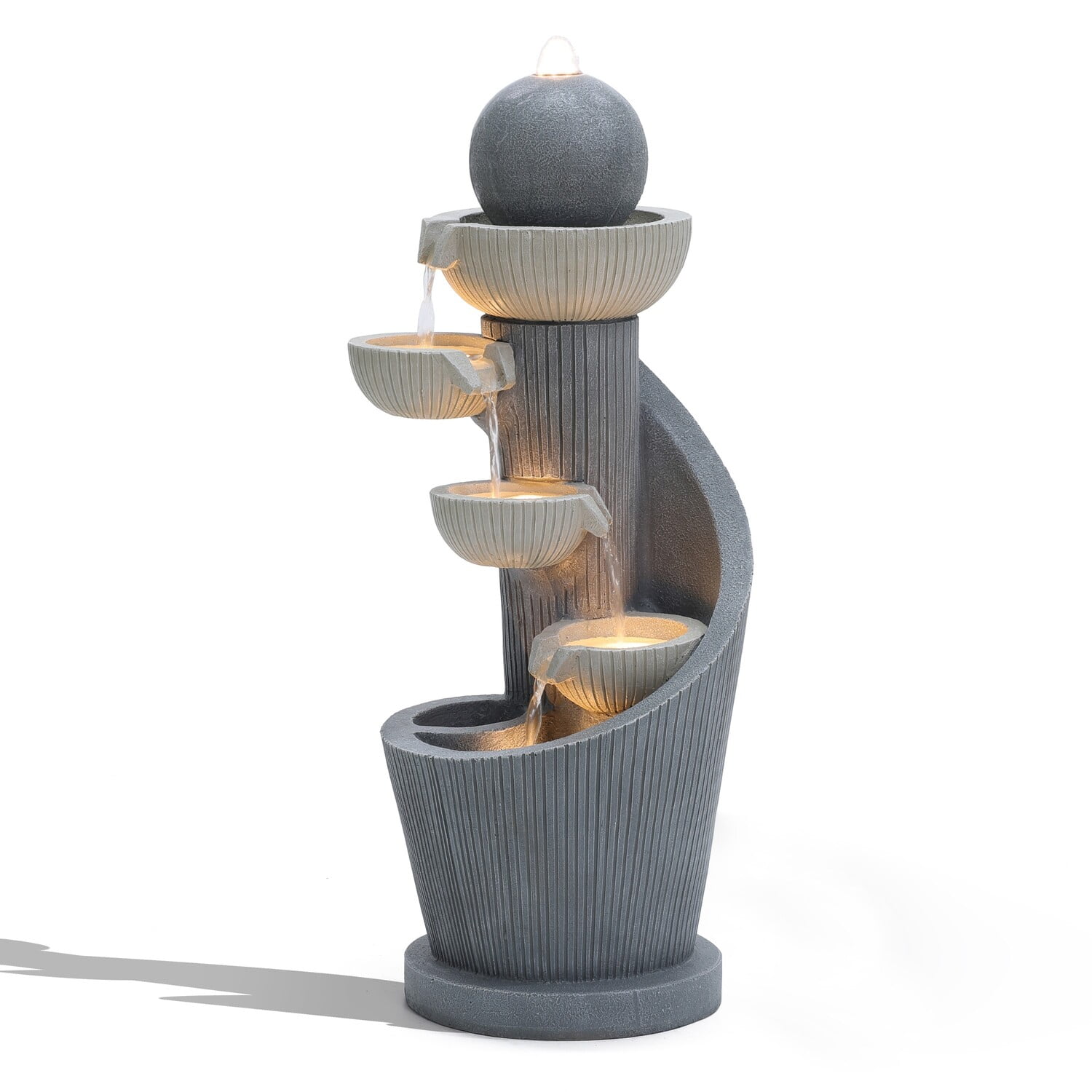 Gray Resin Spiral Sculpture with LED Lights 5-Tier Outdoor Fountain