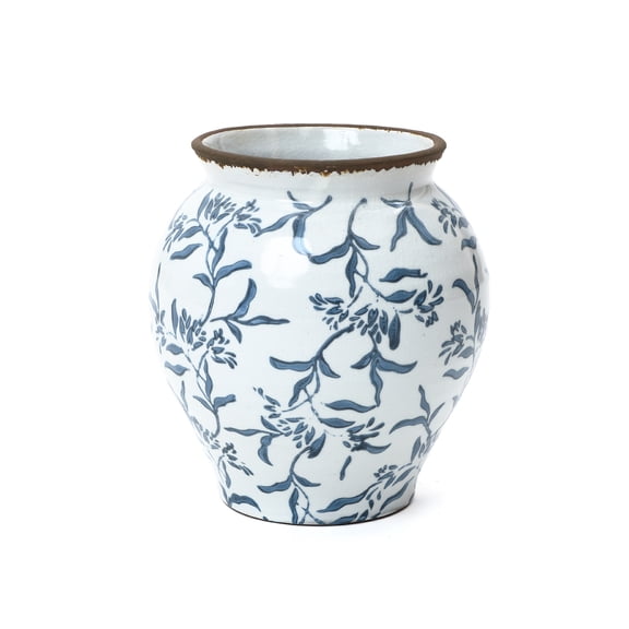 LuxenHome Handmade Blue Floral Wide-Mouth Waterproof Ceramic Vase, 9.25" Round Indoor Home Decor