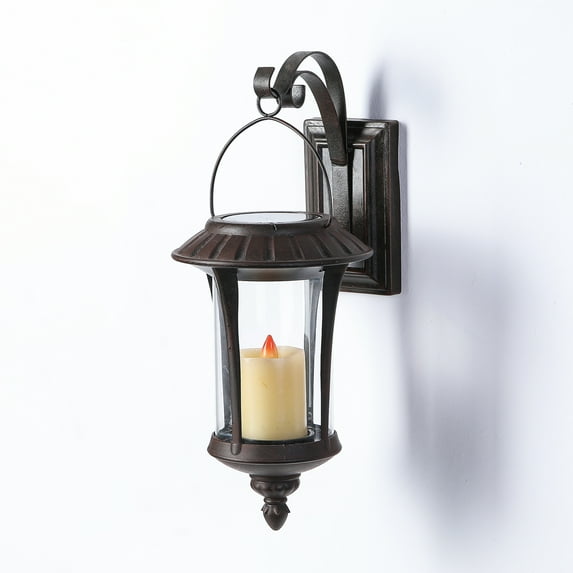 LuxenHome Hanging Solar Light Lantern Wall Sconce in Dark Bronze
