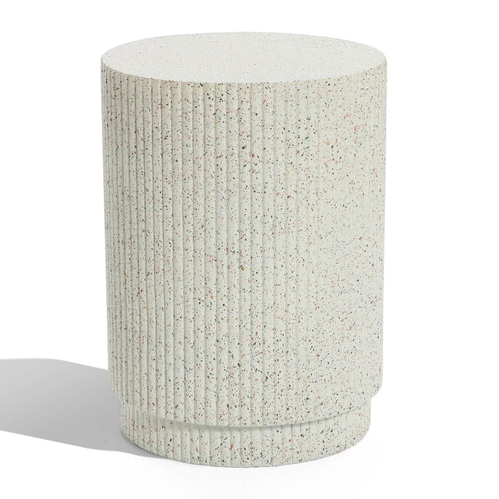 Ivory White Cement Round Outdoor Side Table with Gray Flecks