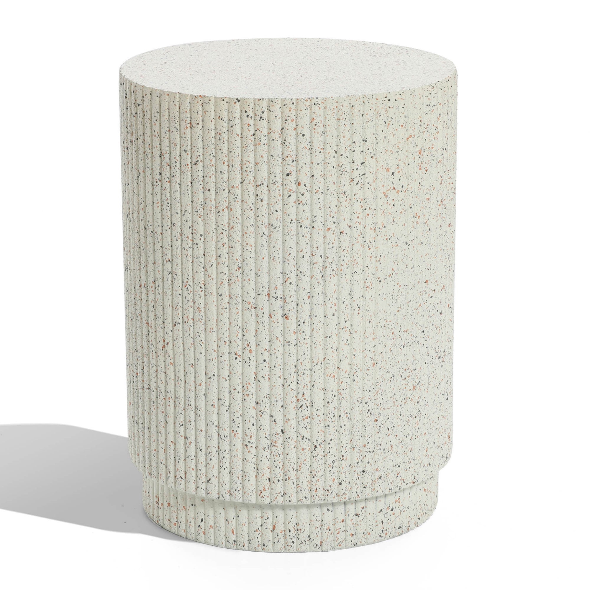 Ivory White Cement Round Outdoor Side Table with Gray Flecks