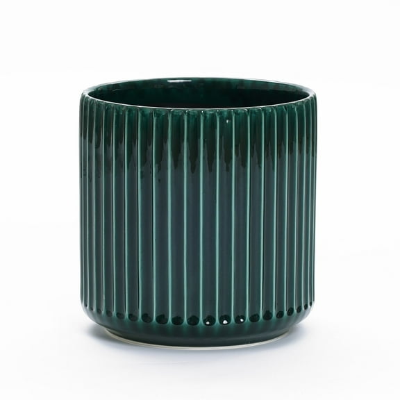 LuxenHome Jade Green Ribbed 13.8-Inch Round Ceramic Planter