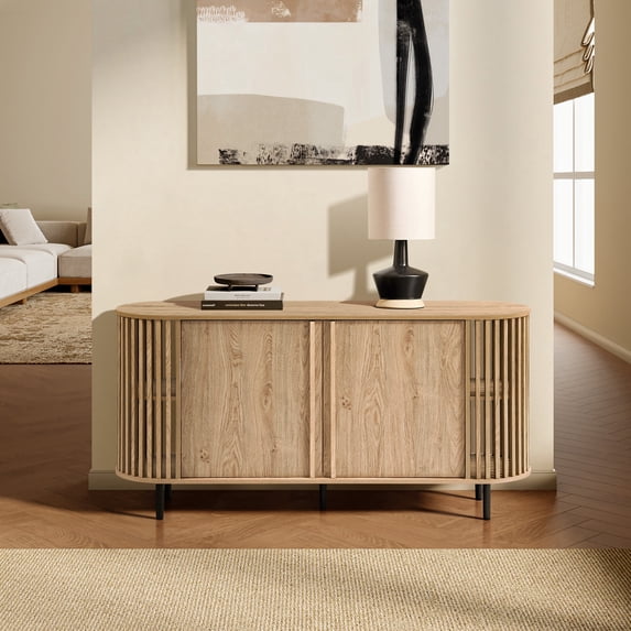 LuxenHome Light Oak Finish Engineered Wood 2-Door 58-Inch Wide Buffet Cabinet