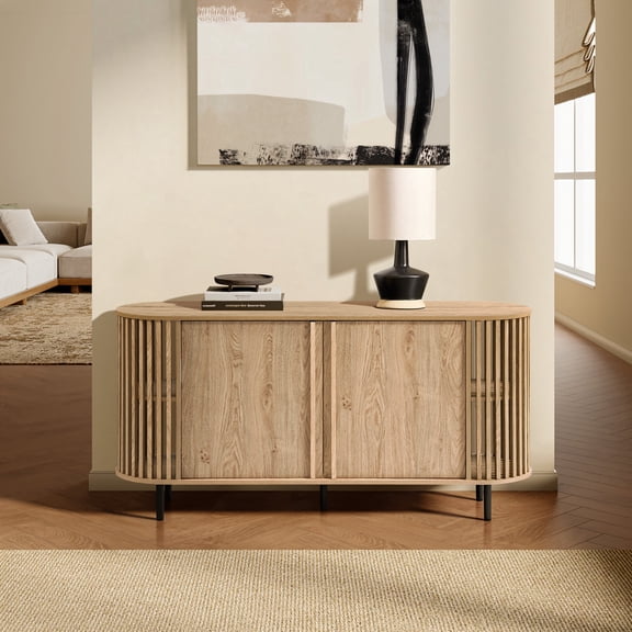 LuxenHome Light Oak Finish Engineered Wood 2-Door 58-Inch Wide Buffet Cabinet