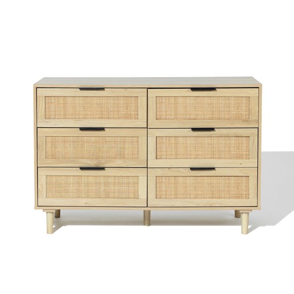 LuxenHome Light Oak MDF Wood 6 Drawer Bedroom Dresser