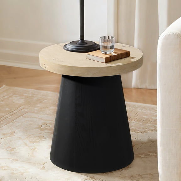 LuxenHome Light Wood Finish Top with Black Base Manufactured Wood Round Side Table
