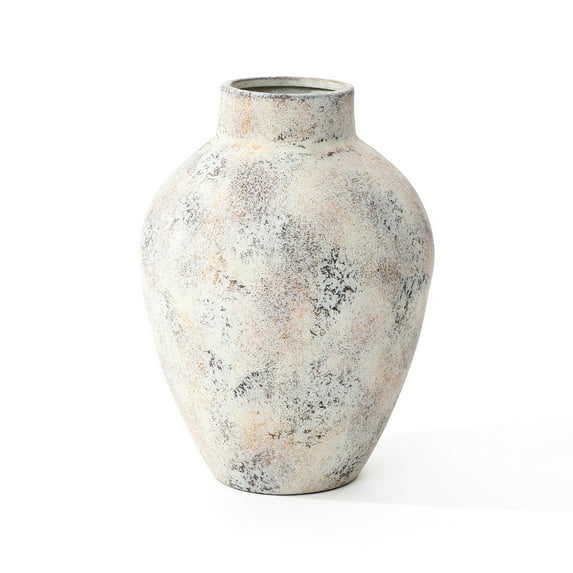 LuxenHome Marbled White 15 Inch Tall Round Stoneware Vase