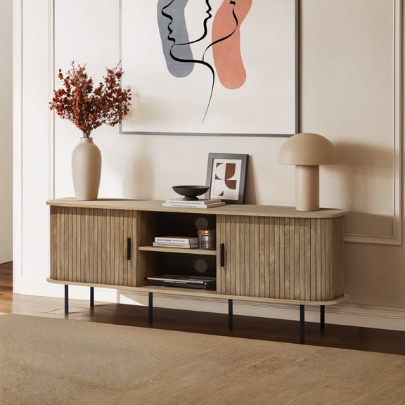 LuxenHome Mid-Century Modern 2-Door 55.1-Inch Wide TV Console with Slatted Slidng Doors