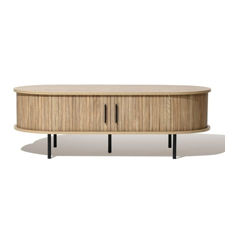 LuxenHome Oval Coffee Table with Storage, 47" Mid Century Modern Fluted Coffee Tables for Living Room, Wooden Sliding Door Boho Storage Center Table for Home, Office