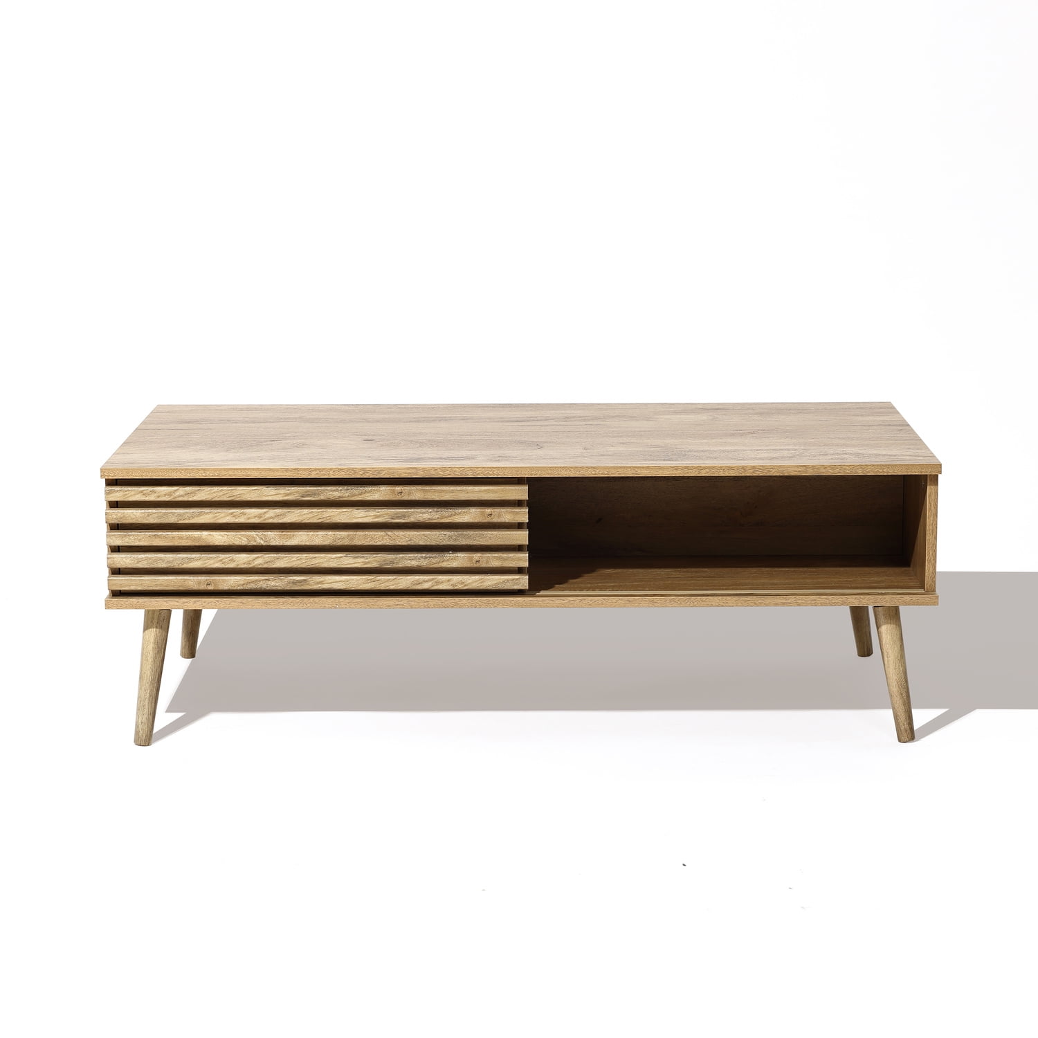 Mid-Century Modern Light Brown Wood Coffee Table with Storage