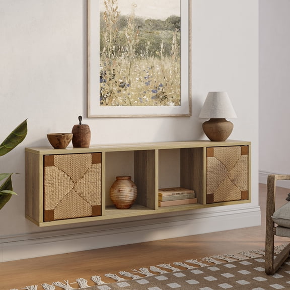 LuxenHome 42" Floating TV Cabinet, Wall-Mounted Media Console Entertainment Center with Woven Rope Door Panel, Oak Natural