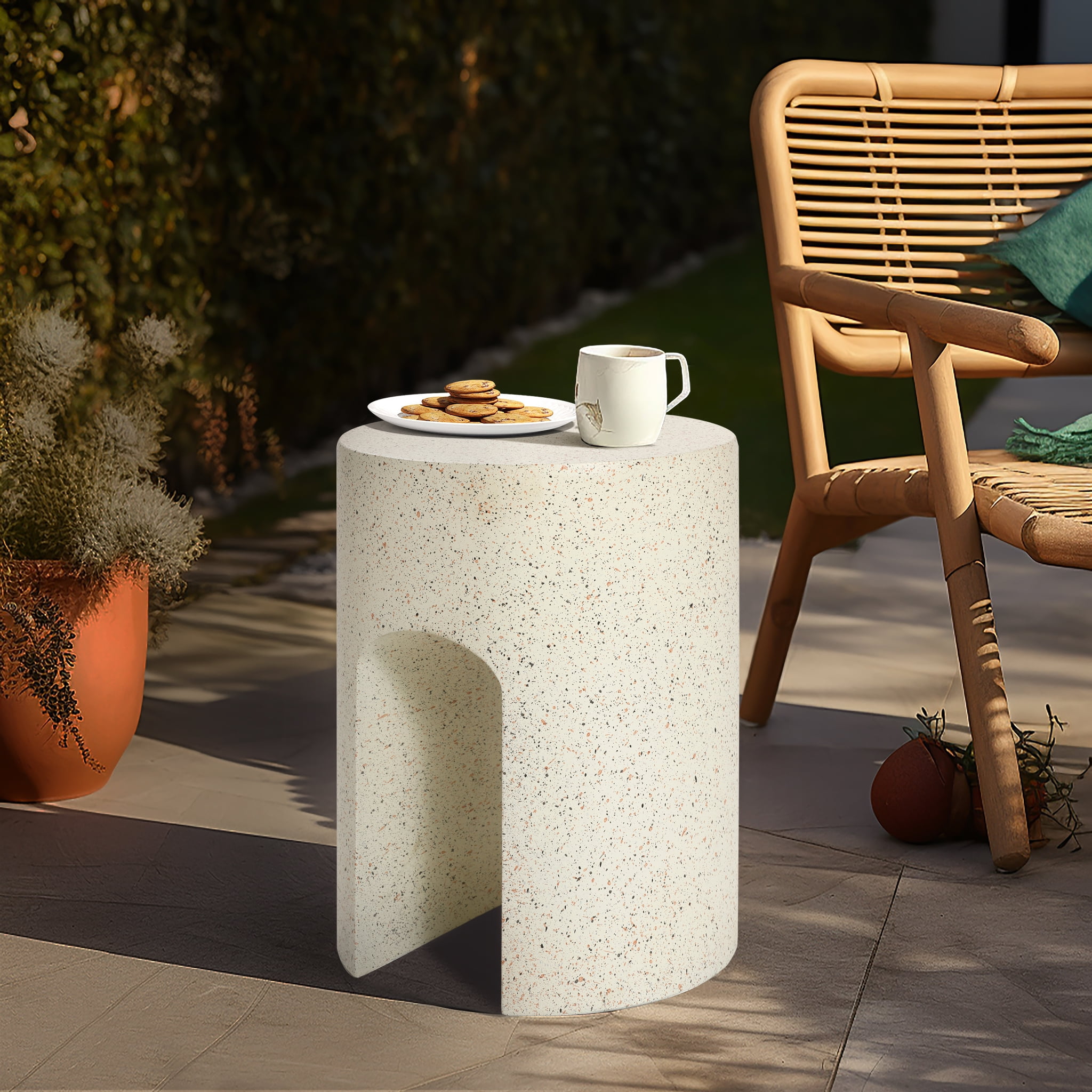 Ivory White Cement U-Shaped Outdoor Side Table