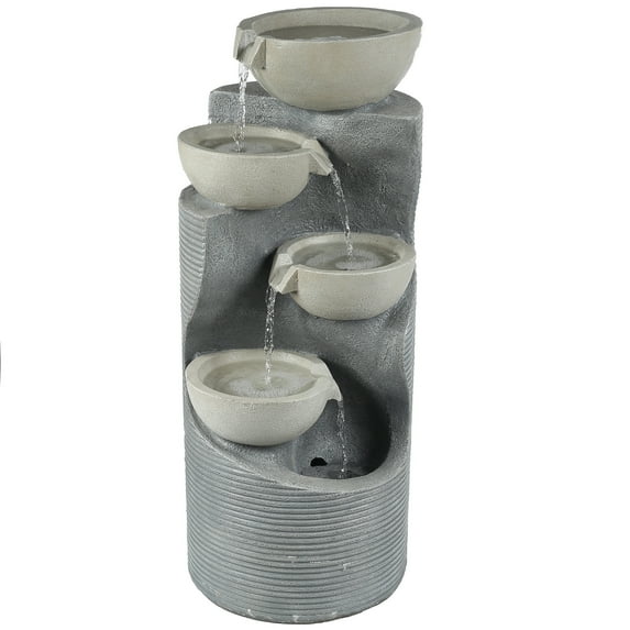 LuxenHome Modern Gray Resin Tiered Bowls Outdoor Fountain with Lights