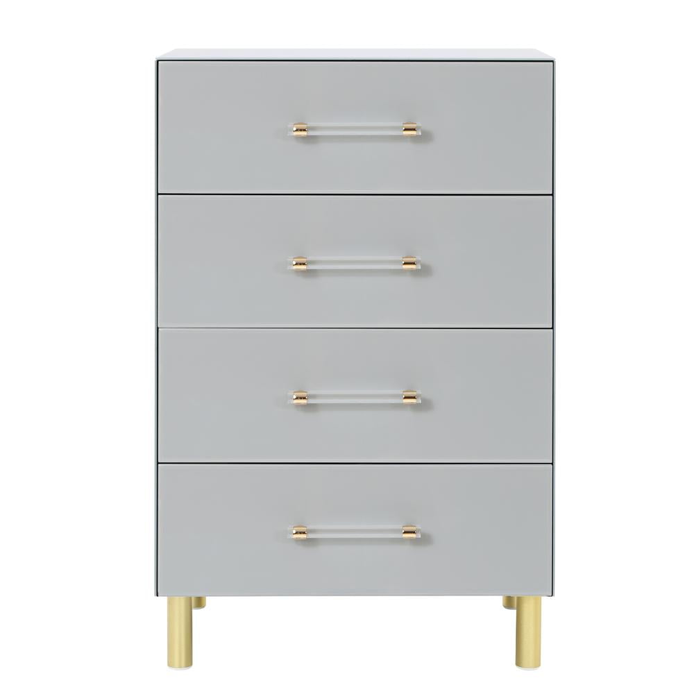 Light Gray Mirrored 4-Drawer Chest with Gold Accents